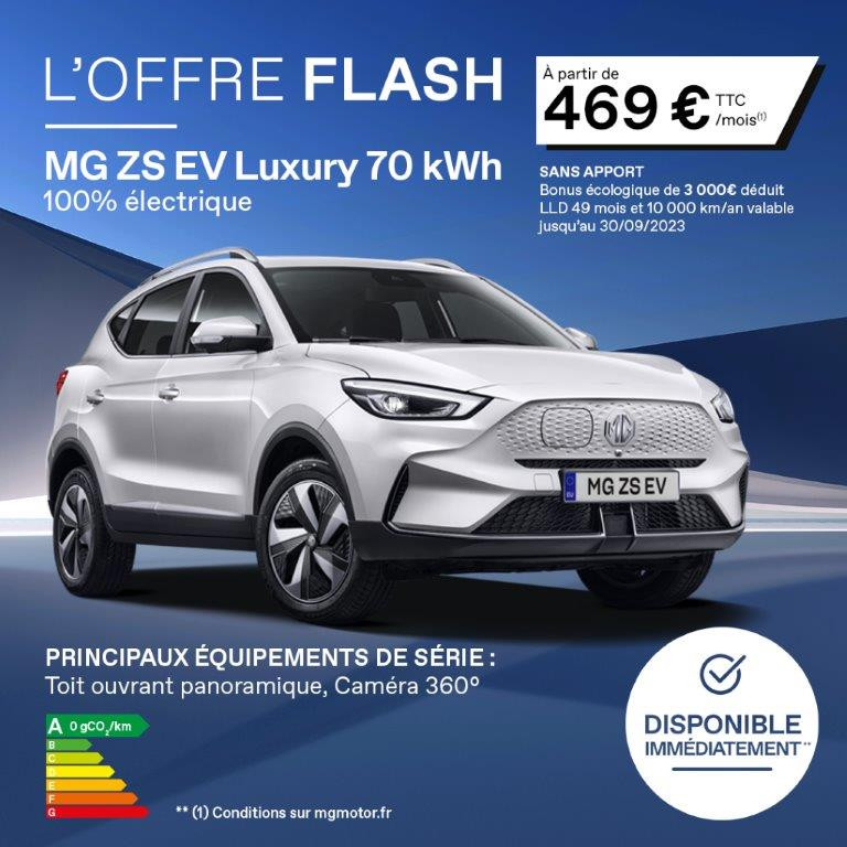 MG ZS EV Luxury 70 kWh à partir de 469 €TTC/mois (1) JUSQU'AU 30 SEPTEMBRE 2023